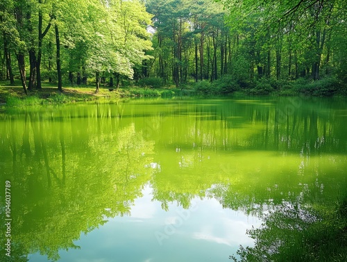 Calm green lake with reflections trees and a peaceful atmosphere
