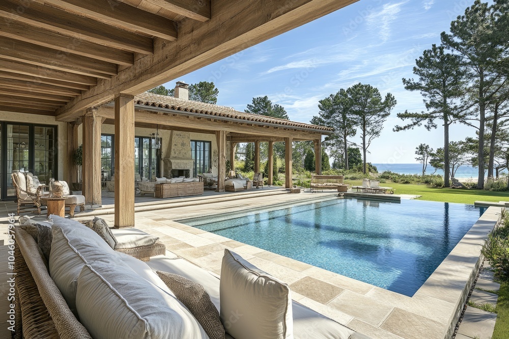 Fototapeta premium Poolside view of a luxurious home. Perfect for showcasing high-end real estate, luxury travel, or relaxation.