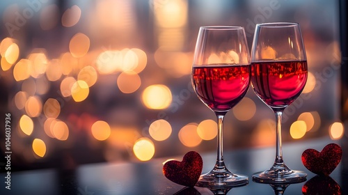 Red wine glasses on a glossy surface with golden heart bokeh and city lights in the distance, capturing the essence of an anniversary celebration