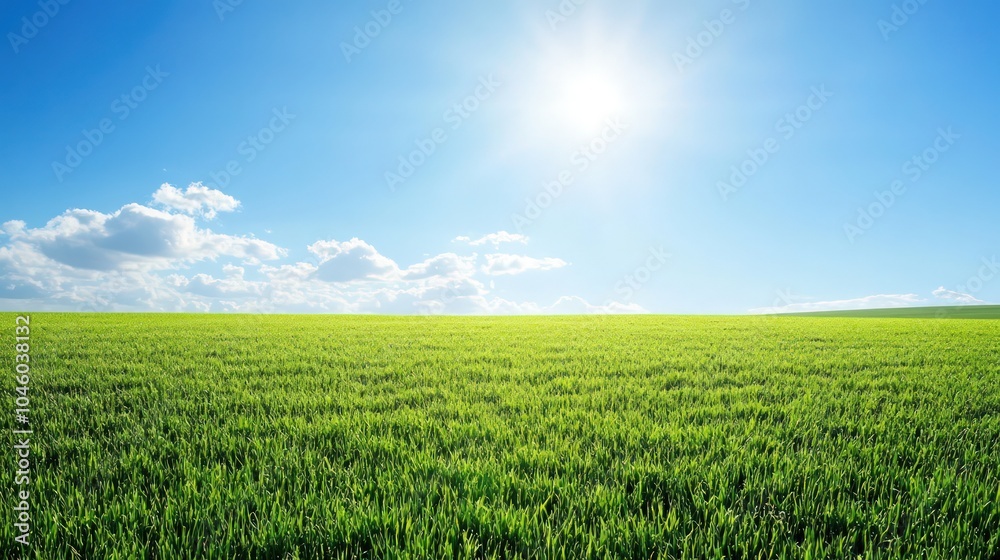 Bright green field with a clear, sunny sky above Bright green field with a clear, sunny sky above