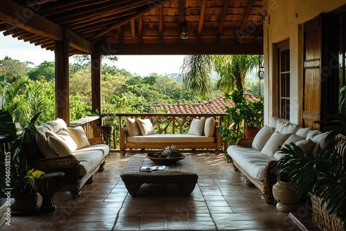 A relaxing outdoor patio with furniture. Perfect for illustrating a vacation home rental, or a tranquil getaway.