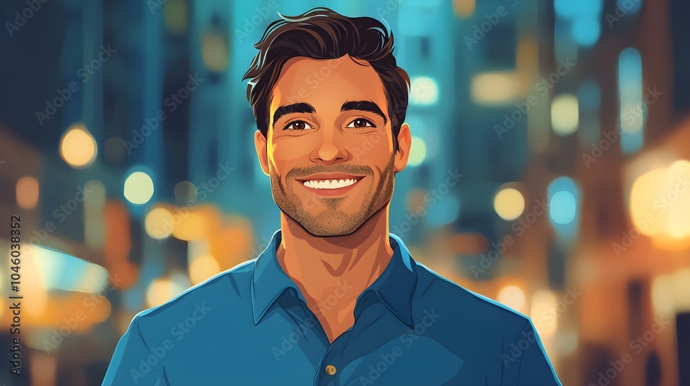 Fototapeta premium Smiling cartoon man, blue shirt, dynamic urban night setting, warm and welcoming expression, soft light background for contrast