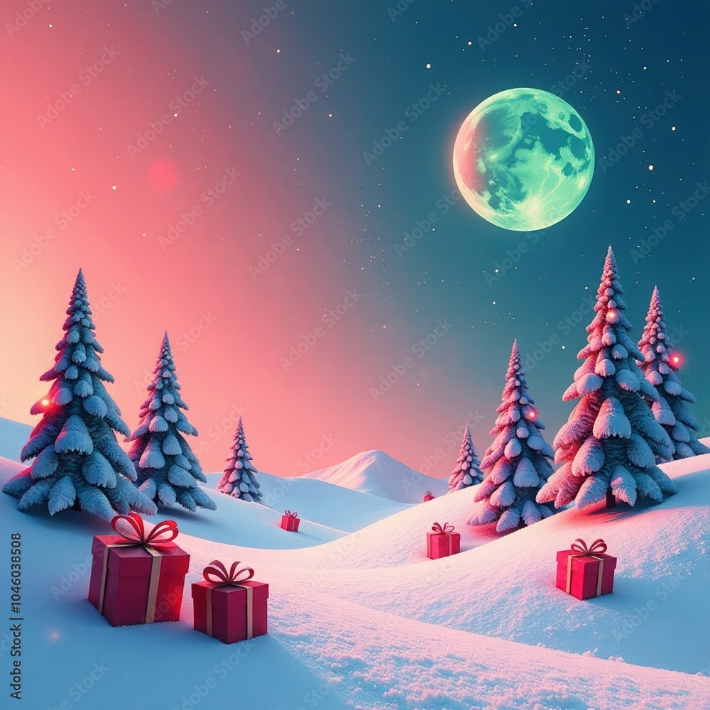 Obraz premium surreal Christmas banner, snowy landscape with firs, red gifts in snow, huge moon in starry sky, pink blue green red colors. creative holiday graphics, surreal Christmas, dreamlike winter holidays.