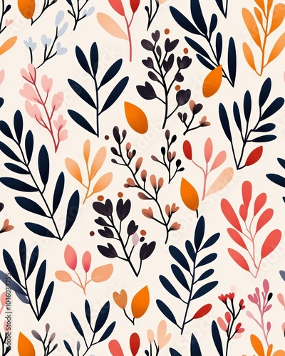 A vibrant floral pattern featuring various leaves and blossoms in warm colors.