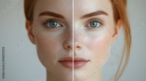 Side-by-side comparison of a patient's face, showing sagging skin and wrinkles before a facelift, and smooth, tightened skin with a youthful appearance after