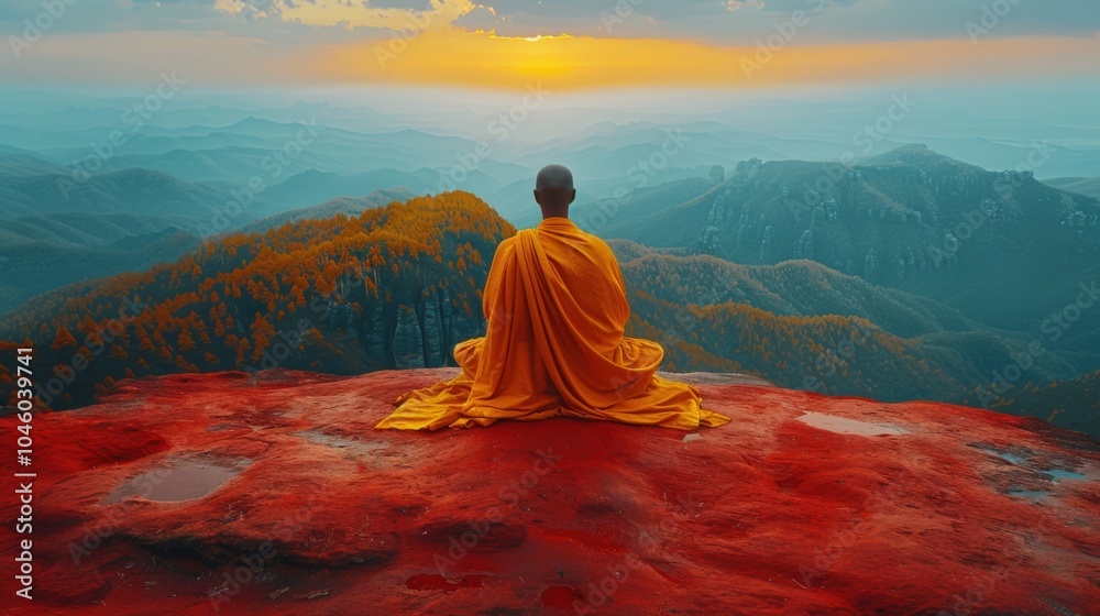 Fototapeta premium Meditative Monk at Sunset Over Mountains