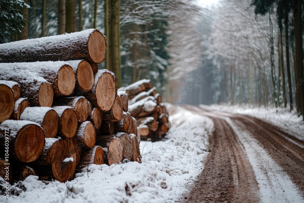 Stacked logs in snowy forest. A snowy, rural path leads through the winter forest, with a pile of freshly cut logs stacked along the side. Stacked logs in snowy forest. A snowy, rural path leads through the winter forest, with a pile of freshly cut logs stacked along the side.