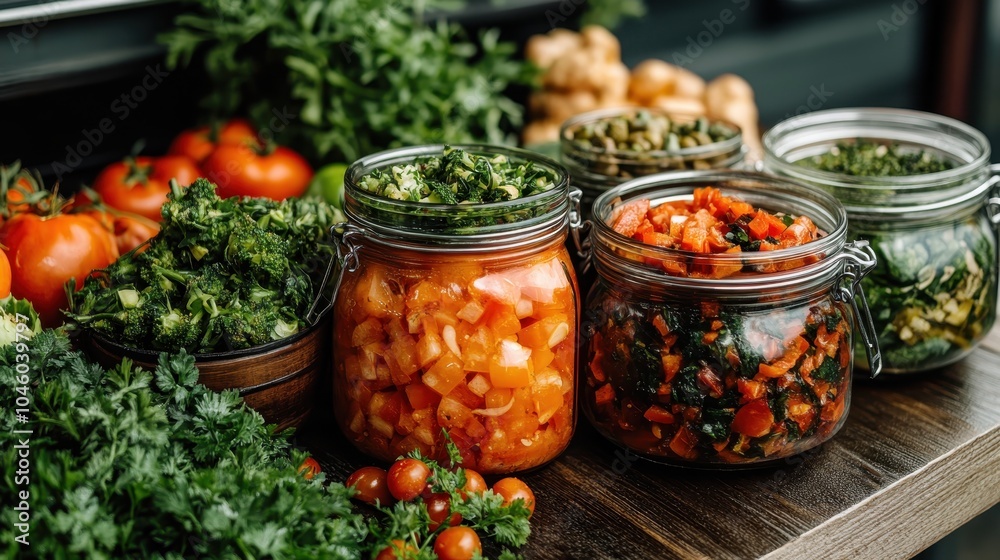 An array of jars containing colorful, preserved vegetables with fresh herbs on the side, reflecting the art of culinary preservation and natural bounty. An array of jars containing colorful, preserved vegetables with fresh herbs on the side, reflecting the art of culinary preservation and natural bounty.