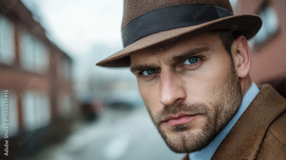 A gentleman wearing a brown suit and hat looks into the camera on a blurred city street, conveying a confident and contemplative expression.