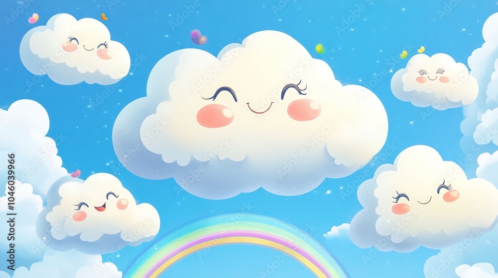 Cute clouds with faces and rainbows filling a clear blue sky Cute clouds with faces and rainbows filling a clear blue sky