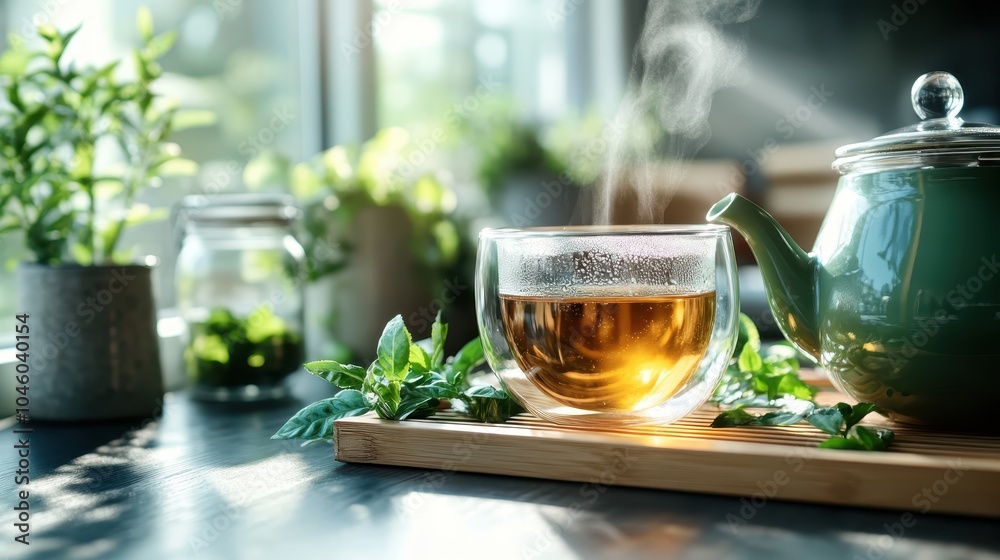 A steaming herbal infusion in an elegant glass teapot sitting on a wooden tray, surrounded by lush greenery and bathed in bright natural sunlight in a serene setting. A steaming herbal infusion in an elegant glass teapot sitting on a wooden tray, surrounded by lush greenery and bathed in bright natural sunlight in a serene setting.