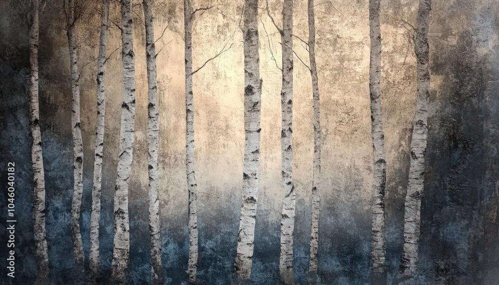 Fototapeta premium Art painted birch trees on a textured background with light and dark tones