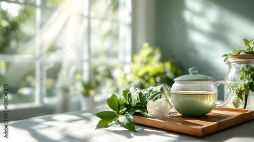 A beautiful glass teapot filled with mint tea on a sunny kitchen table, surrounded by greenery, capturing a moment of tranquility and natural simplicity indoors.