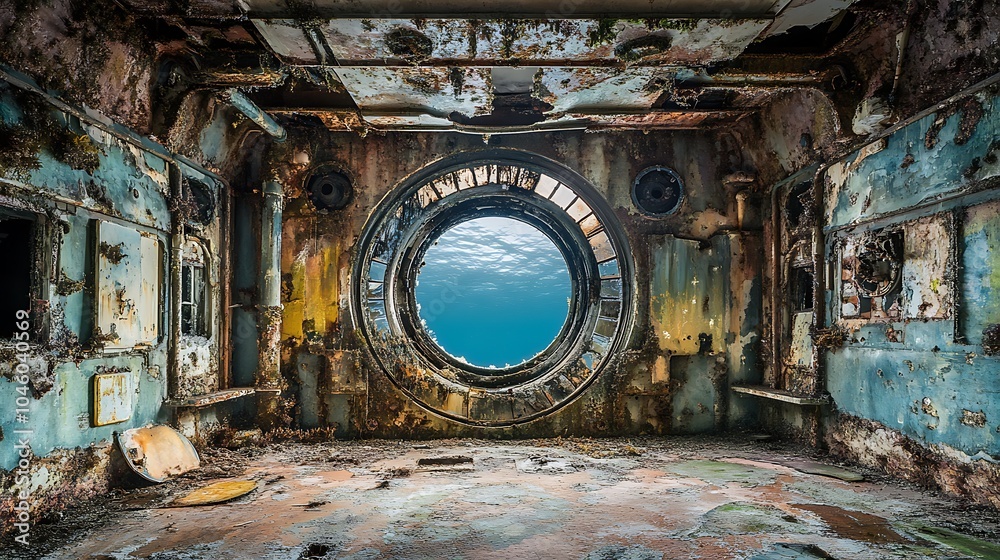 Fototapeta premium A round porthole in the hull of a sunken ship reveals the ocean beyond, with light filtering through the water.