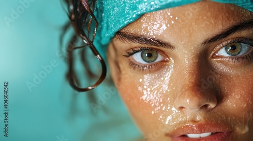 A portrait of a focused individual with water beads on the skin, showcasing freshness and vitality against a soothing blue background. photo