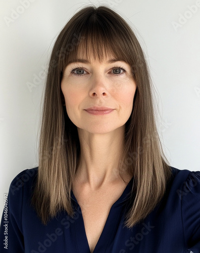 A photo of an average-looking woman with straight brown hair, bangs, and blue eyes in an office setting, taking a selfie. She is wearing a navy blue blouse, and her face appears calm