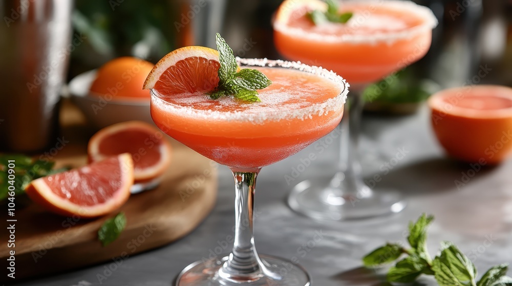 A refreshing grapefruit cocktail served chilled in elegant glasses, adorned with a mint leaf garnish and a sugared rim, perfect for a summer gathering. A refreshing grapefruit cocktail served chilled in elegant glasses, adorned with a mint leaf garnish and a sugared rim, perfect for a summer gathering.