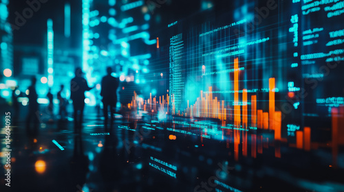 Group of business people silhouettes in modern office building and business network concept. Human resources with pastel innovation charts and graphs with statistics to analyze business