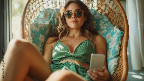 A woman wearing sunglasses relaxes in a wicker chair, holding a smartphone. Sunlight filters in, highlighting her casual, comfortable style and calm expression. photo