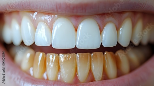 Detailed timeline photo comparison, teeth becoming visibly whiter after a week of whitening strips, Realistic, High Detail, Clean Lighting photo