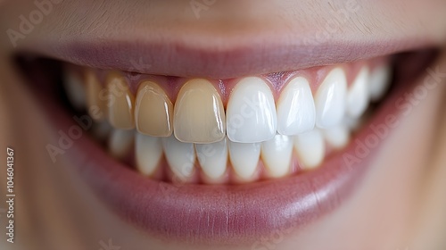 Teeth whitening progress, with before-and-after photos illustrating the color shift from yellowish teeth to bright, white teeth after at-home treatment