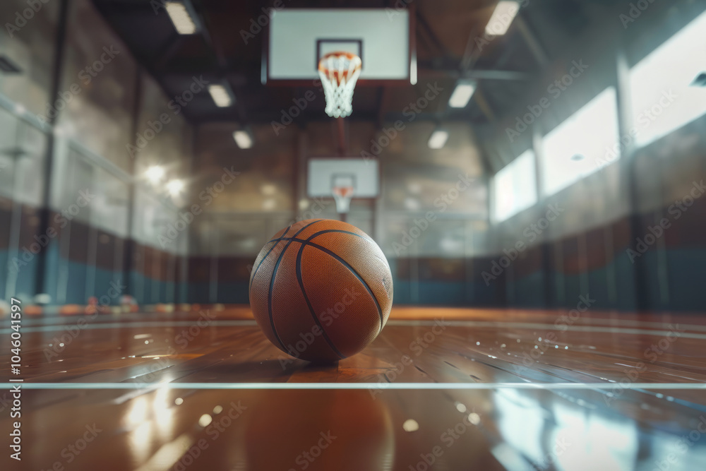 The ball is in the middle of the hoop in a basketball court. Generative AI The ball is in the middle of the hoop in a basketball court. Generative AI