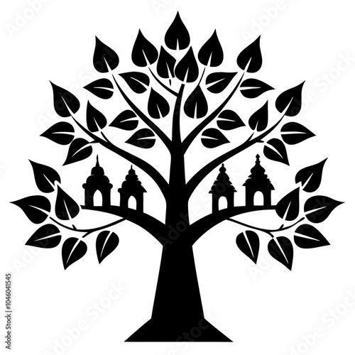 Sacred Bodhi Tree with Temples: A symbolic black and white illustration of a Bodhi tree adorned with three ornate temples, representing spirituality, peace, and enlightenment. Perfect for meditation.