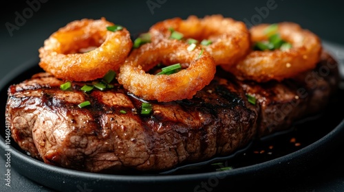 A tender, juicy steak adorned with perfectly fried crispy onion rings, garnished with fresh green herbs, served on a sleek dark-colored dish. photo