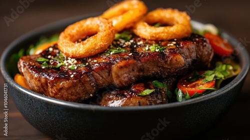 A cooked steak garnished with onion rings and fresh herbs rests in a black bowl, surrounded by vibrant cherry tomatoes and leafy greens, ready for serving.