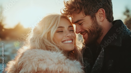 A cheerful couple, warmly dressed, shares a close moment with beaming smiles in a picturesque snowy backdrop, illuminated by the soft, golden winter sunlight. photo