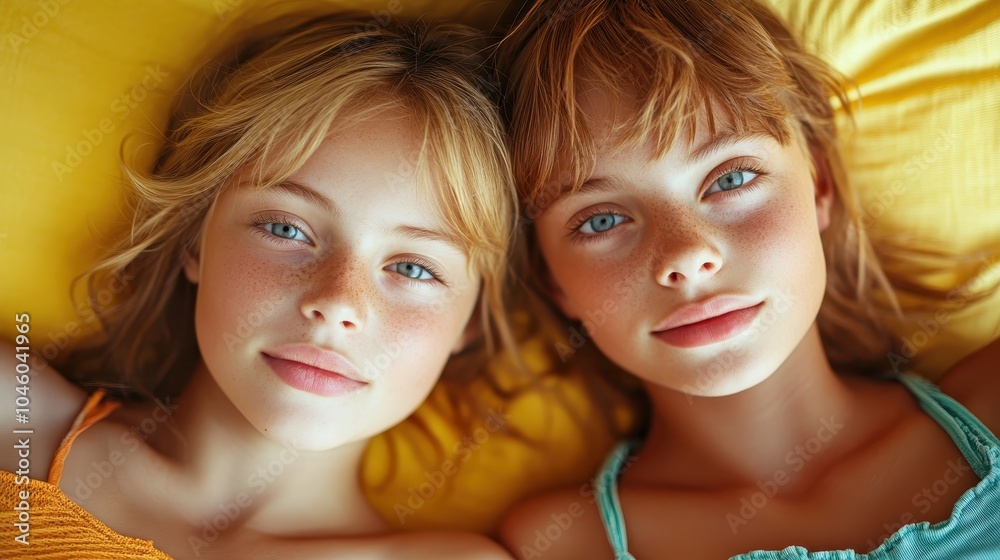 Two young girls with light hair lie side by side, smiling slightly with contentment and happiness, comfortably positioned in soft, bright yellow bedding. Two young girls with light hair lie side by side, smiling slightly with contentment and happiness, comfortably positioned in soft, bright yellow bedding.