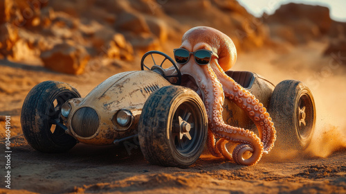 A stylish octopus wearing sunglasses drives a vintage race car through a dusty desert landscape. photo