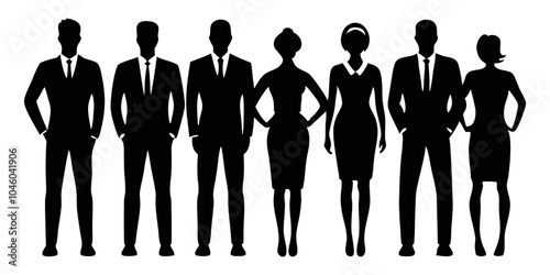 Business Team Silhouette: A striking silhouette of a diverse team of professionals in suits, standing united and ready to tackle any challenge. This powerful visual represents unity, strength.