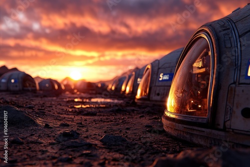 A futuristic Martian colony depicted with glowing habitation pods under a vibrant sunset, showcasing humanity's adventurous spirit and technological advancements.