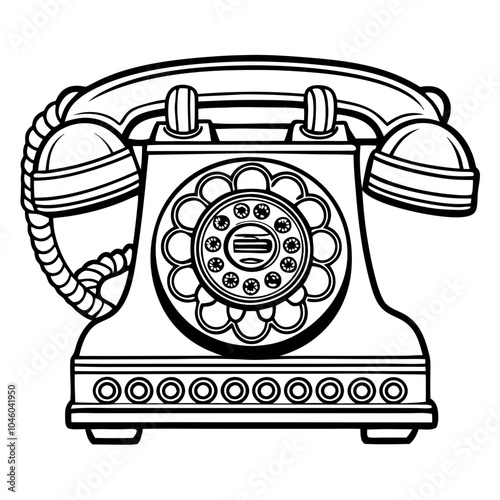 Vintage Rotary Phone: A nostalgic line drawing of an antique telephone, showcasing intricate details and classic design. Perfect for projects needing a retro touch.