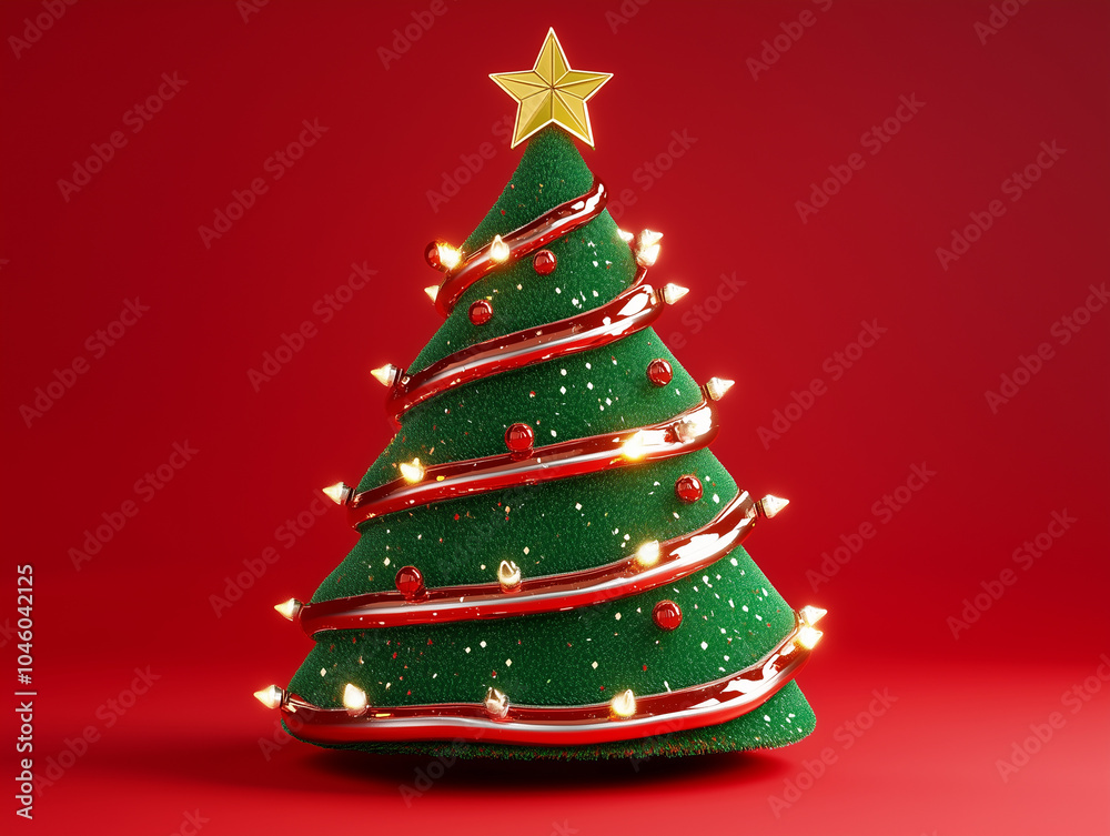 3D Cartoon Christmas Tree on Red Background 3D Cartoon Christmas Tree on Red Background