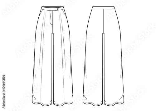 tailor pants, womens wide leg tailor pants fashion flat sketch vector illustration, technical drawing