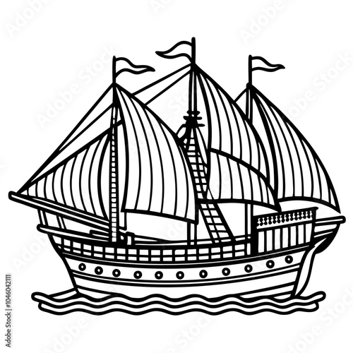 Vintage Sailing Ship:  A classic illustration of a sailing ship with three masts and billowing sails, perfect for maritime themes, travel, history, and adventure.  