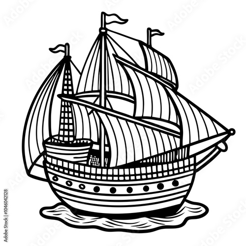 Vintage Sailing Ship:  A detailed line drawing of a vintage sailing ship with multiple sails, capturing the spirit of adventure and exploration.  