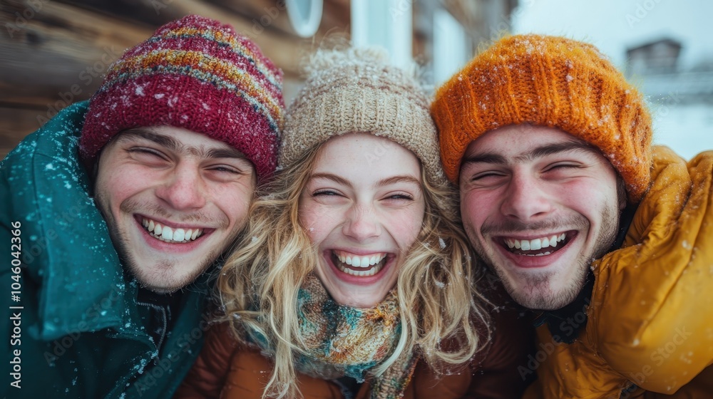 Three cheerful friends enjoying a winter moment, dressed warmly in colorful knit hats, sharing smiles and laughter against a snowy backdrop, radiating joy and friendship. Three cheerful friends enjoying a winter moment, dressed warmly in colorful knit hats, sharing smiles and laughter against a snowy backdrop, radiating joy and friendship.