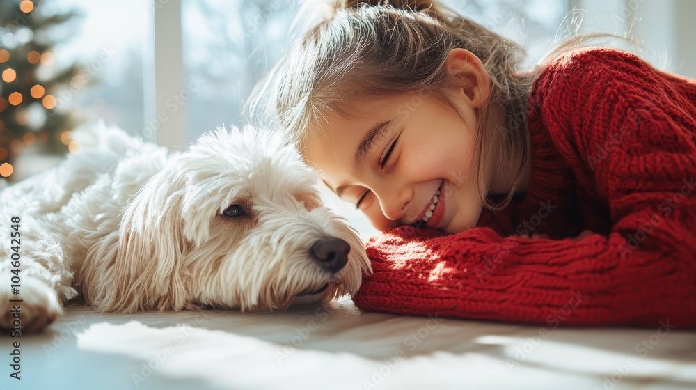 A young girl dressed in a red sweater joyfully leans on her dog, both smiling at each other, exuding warmth and happiness indoors in a festive atmosphere. A young girl dressed in a red sweater joyfully leans on her dog, both smiling at each other, exuding warmth and happiness indoors in a festive atmosphere.