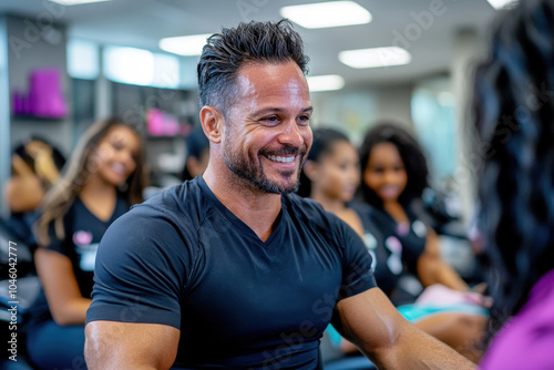 A muscular man with a joyful expression engages enthusiastically in group fitness, showcasing an energetic and healthy lifestyle in a lively gym environment.