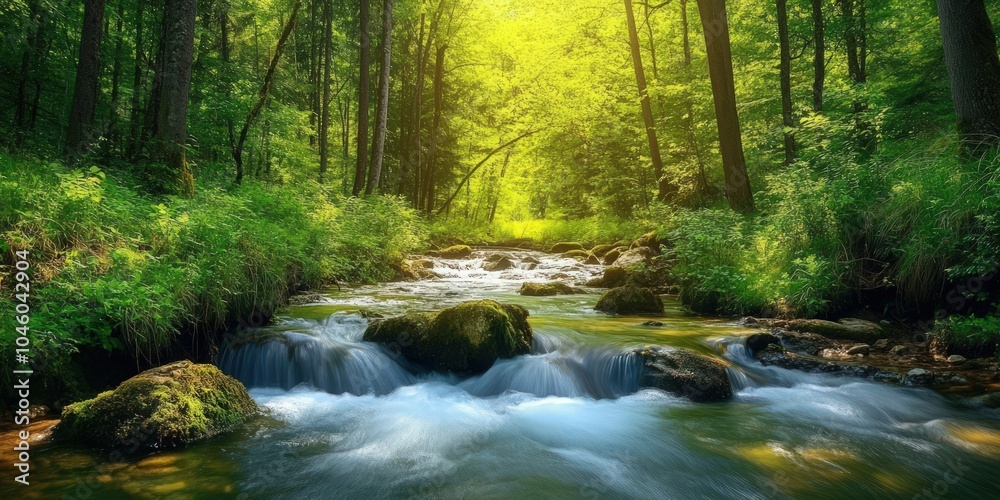 Stream running through a forest with natural, peaceful scenery for wallpaper Stream running through a forest with natural, peaceful scenery for wallpaper
