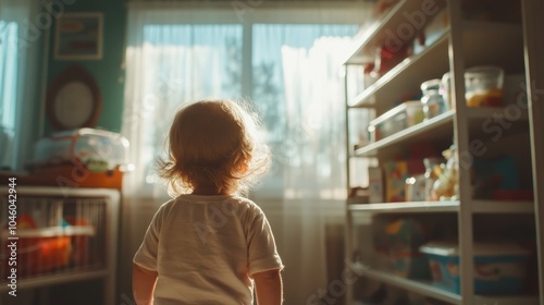 A backlit toddler stands in a playroom filled with toys and sunshine, facing the window, creating a silhouette that conveys exploration and childhood wonder.