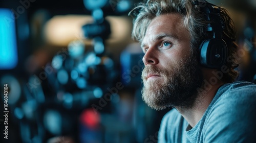 A middle-aged man with a beard wearing headphones, thoughtfully engaged, possibly monitoring audio or editing content, in a modern studio environment.