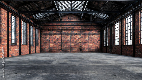 Industrial loft style empty old warehouse interior brick wall concrete floor and black steel roof structure 