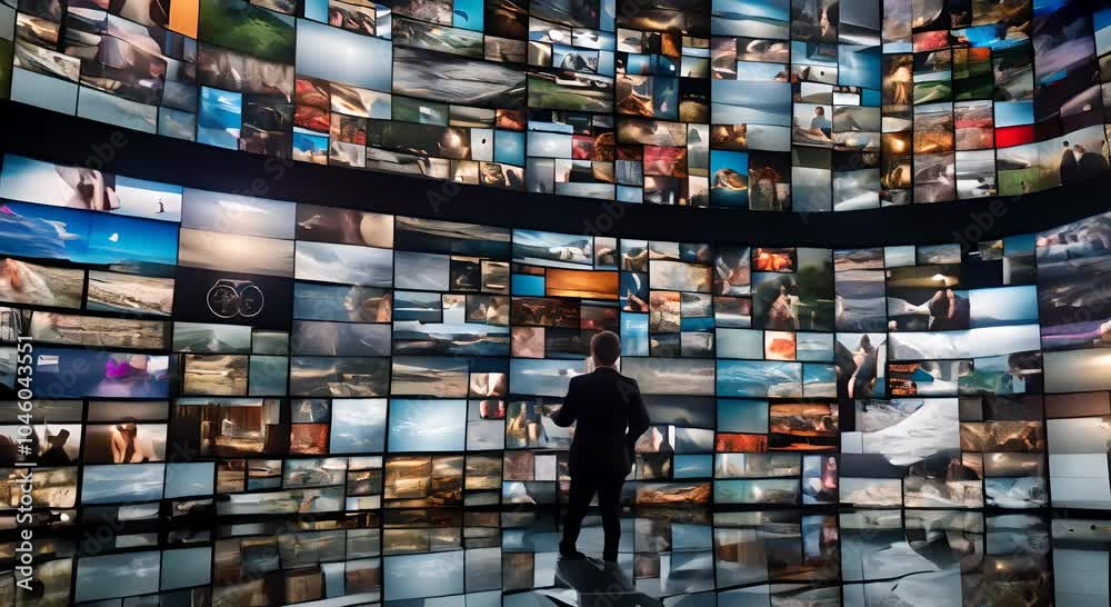 A viewer of a video wall featuring many television screens displaying multimedia pictures 4K