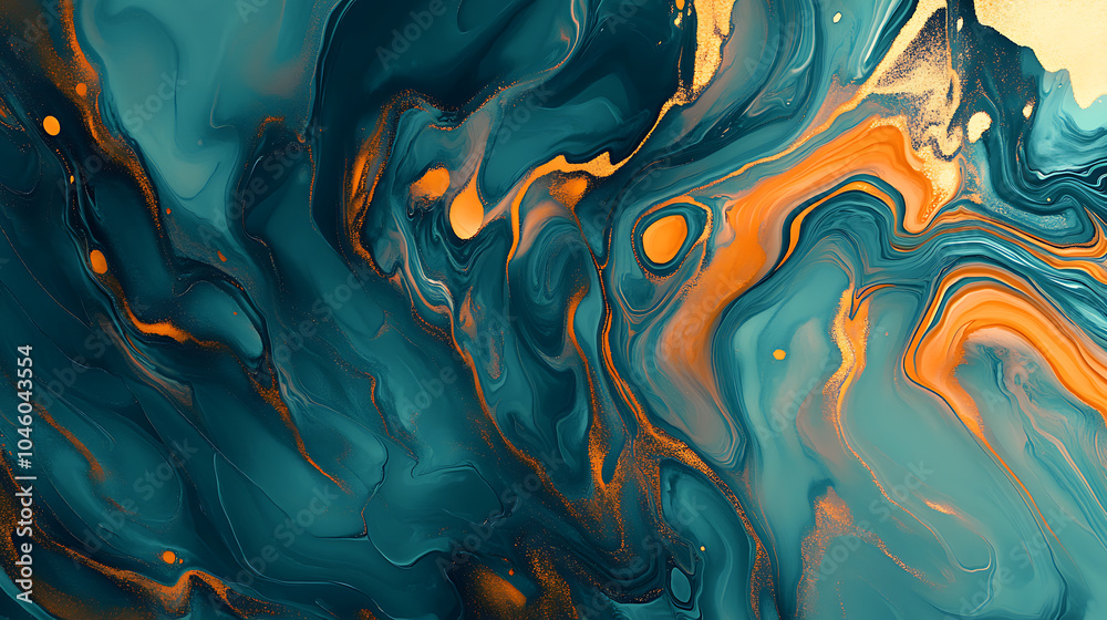 Luxurious Marbling Background Paint Swirls in Beautiful Teal and Orange colors with Gold Powder Luxurious Marbling Background Paint Swirls in Beautiful Teal and Orange colors with Gold Powder