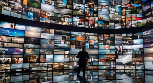 A viewer of a video wall featuring many television screens displaying multimedia pictures 4K