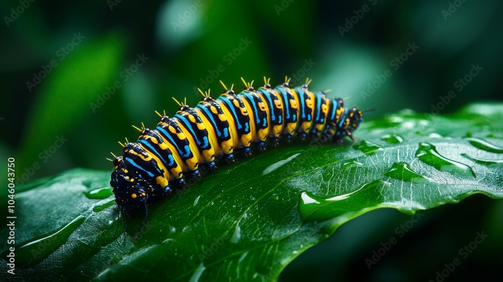 Tropical caterpillar with vivid blue and yellow colors on a large glossy leaf, surrounded by soft mist, exotic rainforest background Tropical caterpillar with vivid blue and yellow colors on a large glossy leaf, surrounded by soft mist, exotic rainforest background